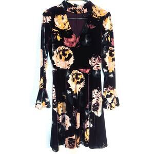 Ivanka Trump Velvet Floral Dress Maroon V-Neck Flared Cuff Med Large 8 10